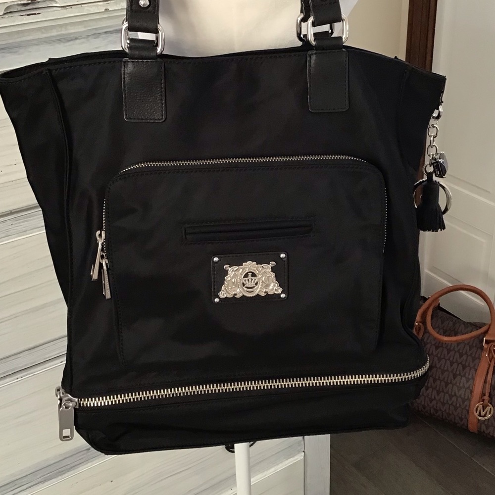 Authentic Juicy Couture Black Nylon leather trim double shoulder straps Tote